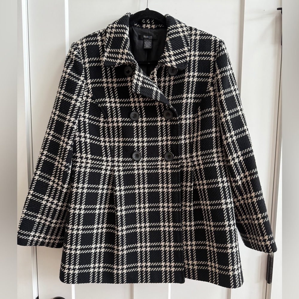 Women’s Style & Co" Wool Pea Coat In Black And White Plaid Size Large Petite B13